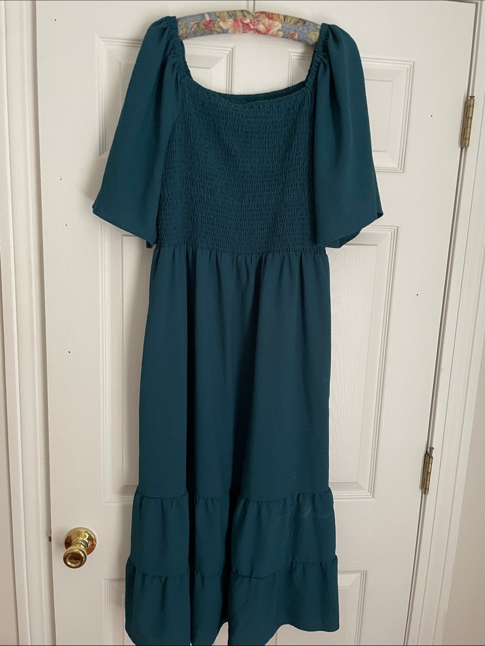 Isabel & Nina Smocked Square-Neck Maxi Dress in Teal Blue